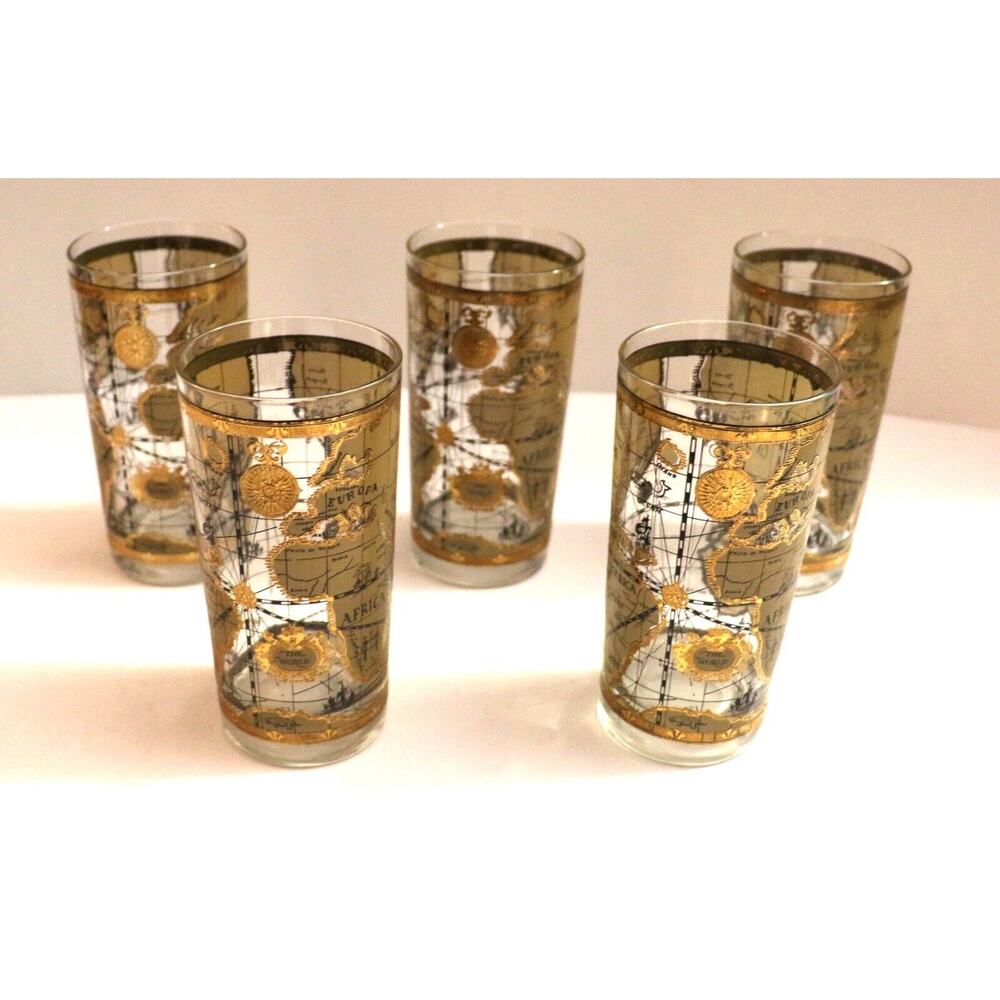 Cera 22K Gold Vintage Mid Century Modern World Maps Highball Glasses